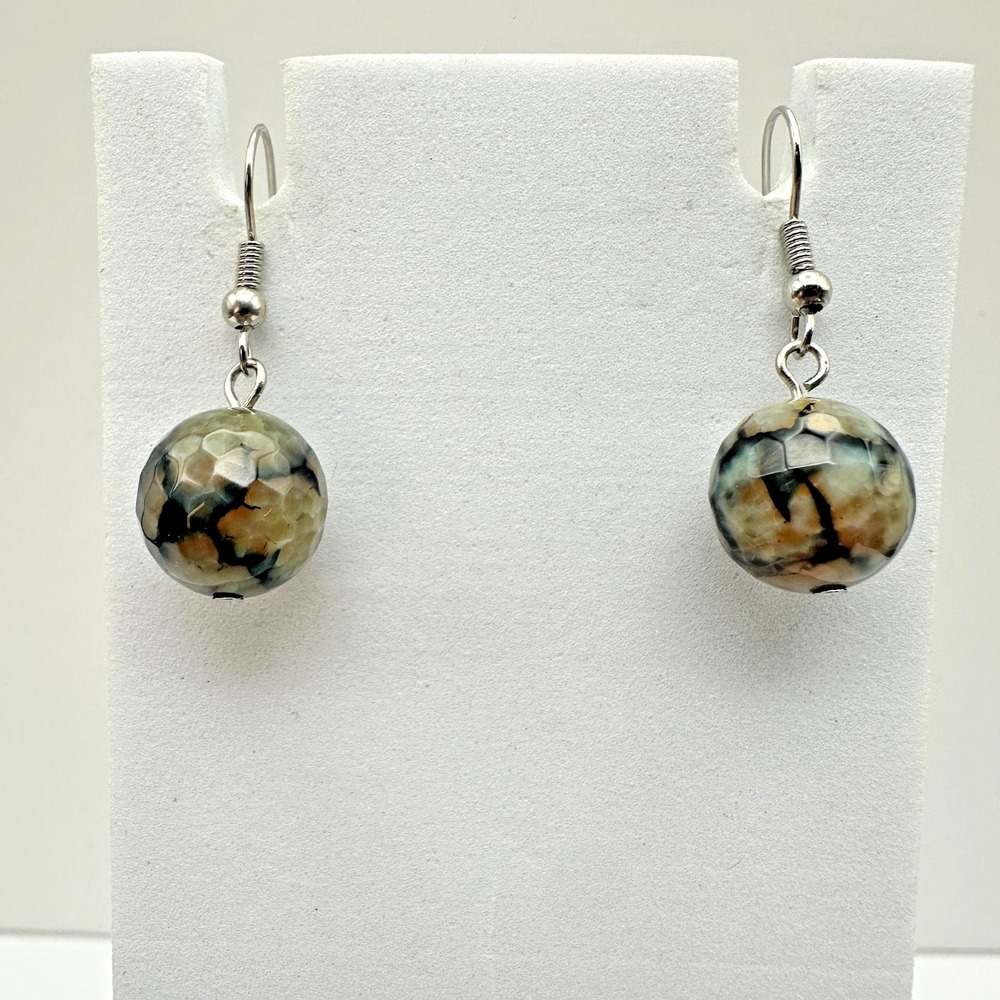 VTG Multi Round Bead Dangle Earrings Crackle Stone Silver Tone Women's Jewellery